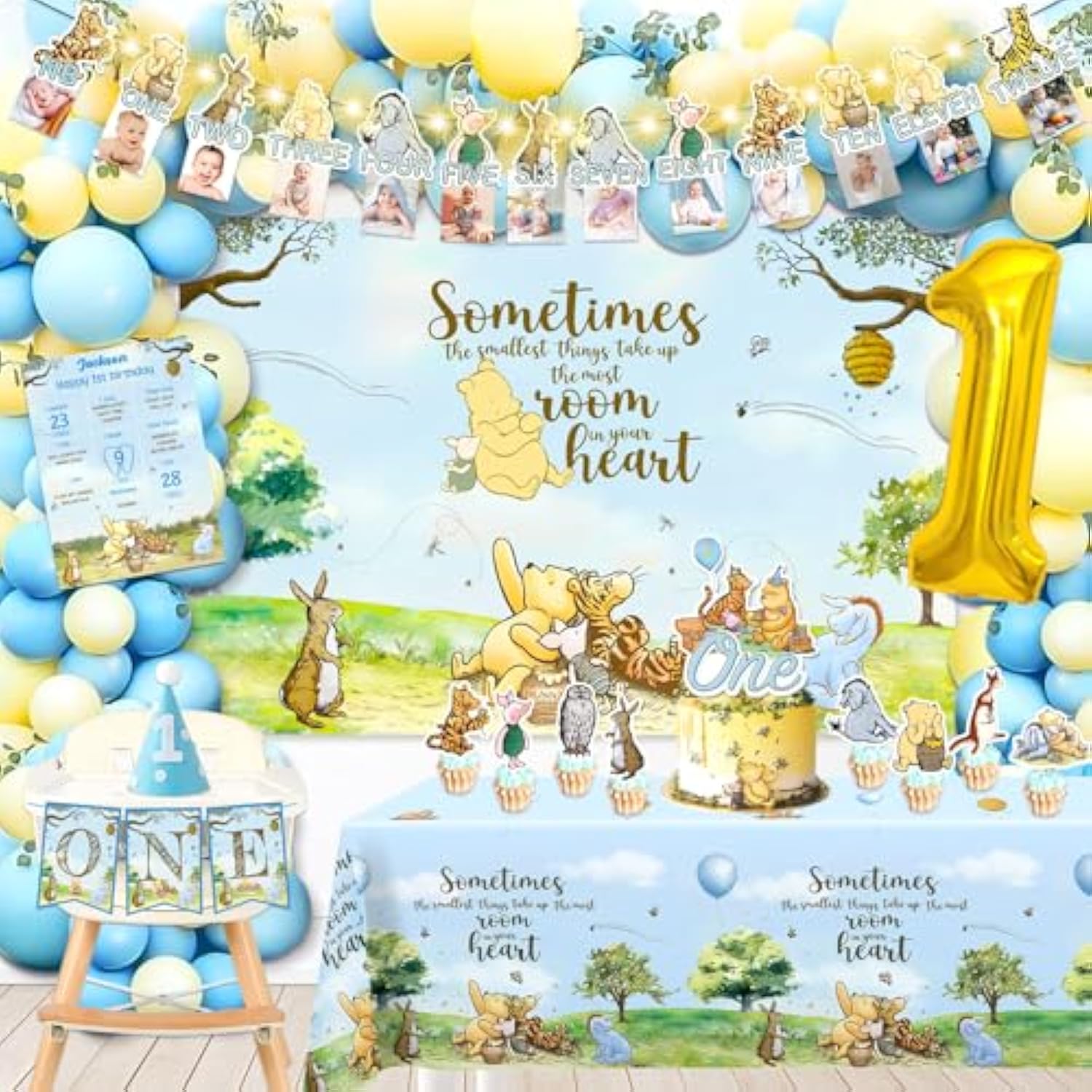 107Pcs Classic Winnie Birthday Decorations Complete Party Set, For Classic Winnie Boy 1St Birthday Party, Includes Photo Frame Banner, Balloon Chain Kit, Cake Toppers Kit, Table Cloth, Etc