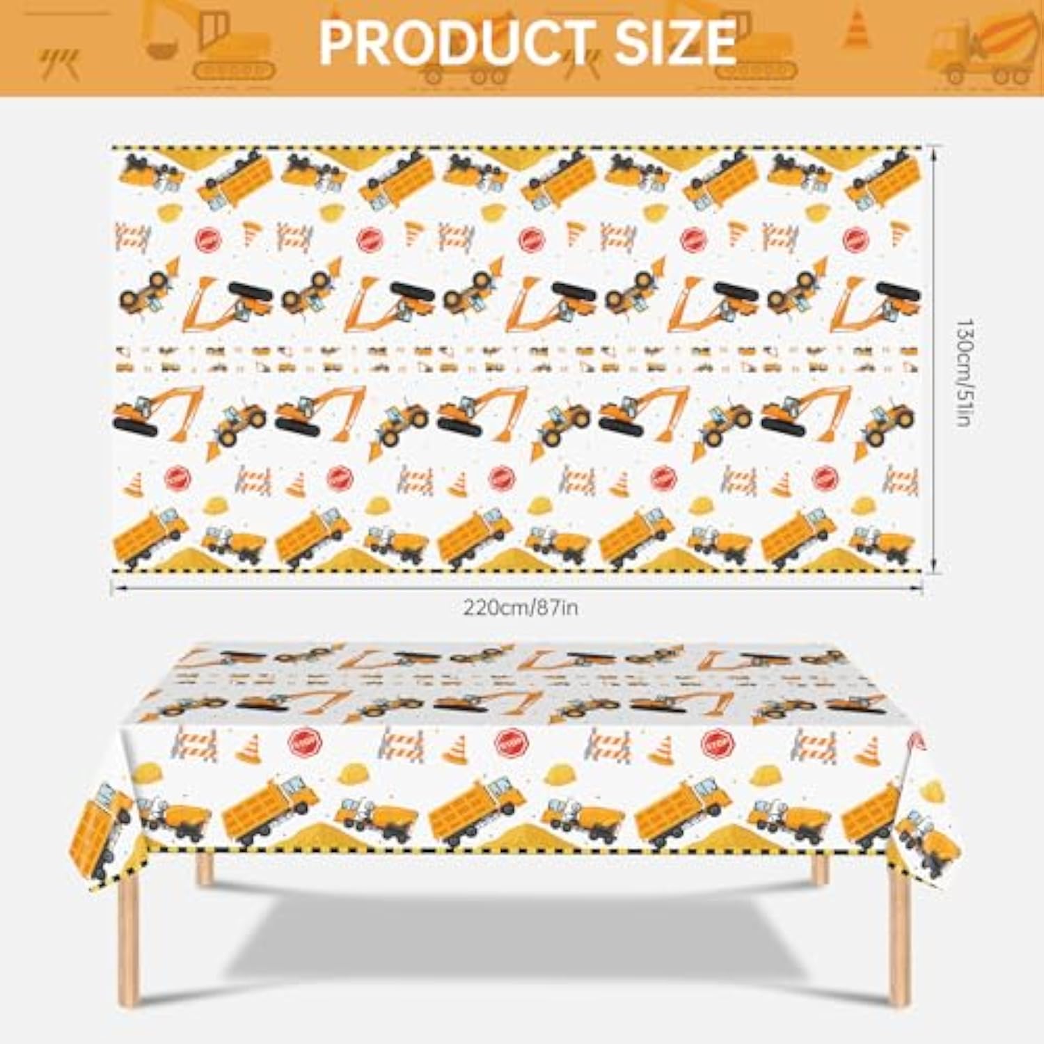 2 Pack Construction Table Cloth - Dump Truck Tablecloth, Plastic Disposable Rectangle Yellow Trucks Themed Table Cover For Construction Birthday Party Supplies Tables Decorations Favors, 87 X 51 Inch