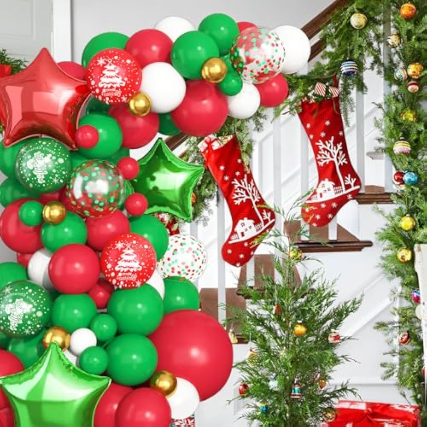 Christmas Balloon Garland Arch Kit - Green, Red, White Arch With Star Foil, Cane, Snowflake, Tree Balloons For New Year Party Decorations