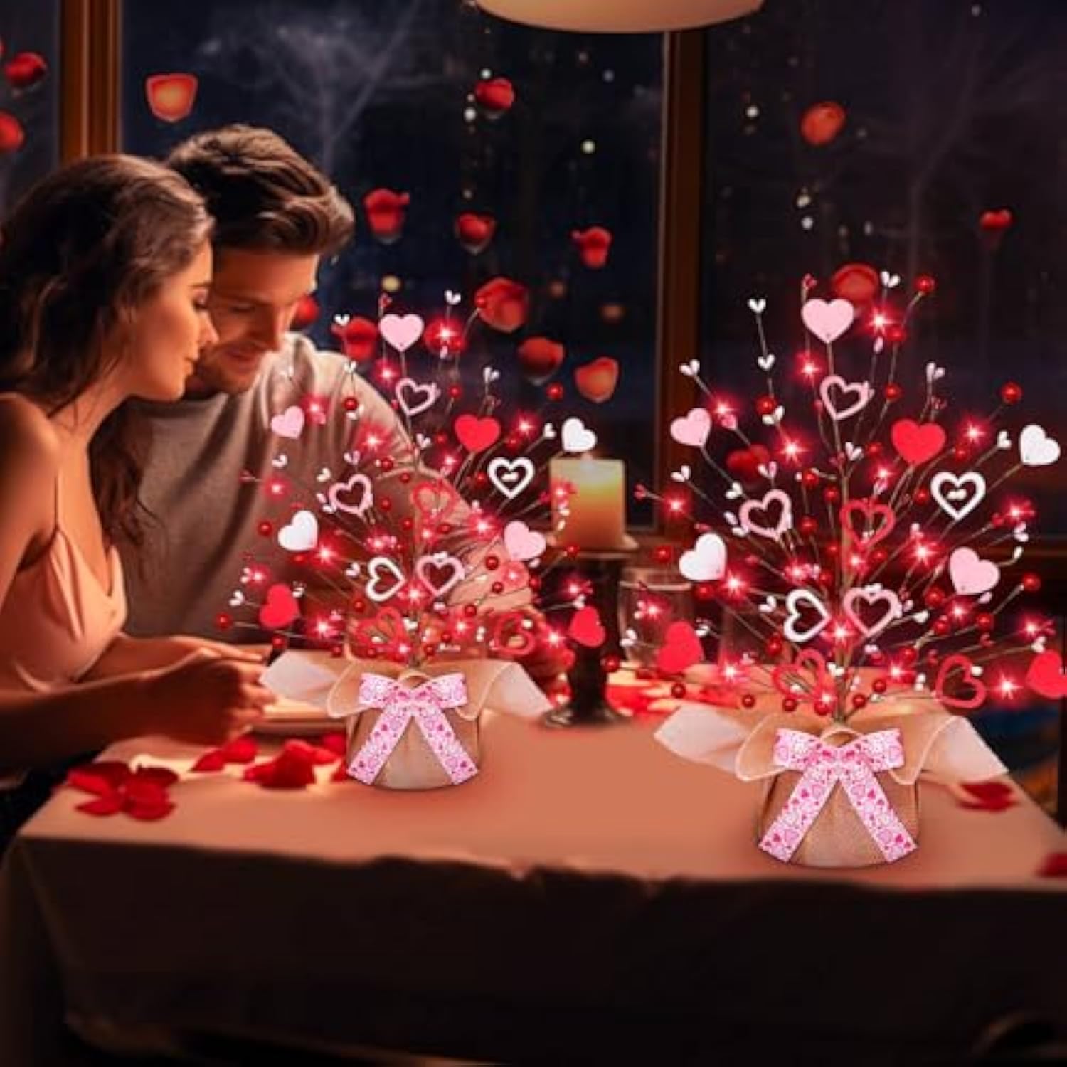 2 Pack Valentine'S Day Tree Tabletop Decorations - 16 Inch Battery Operated With 14 Red Pink Hearts And 32 Red Berries For Home, Table, Bedroom, Indoor Party, Wedding Decor