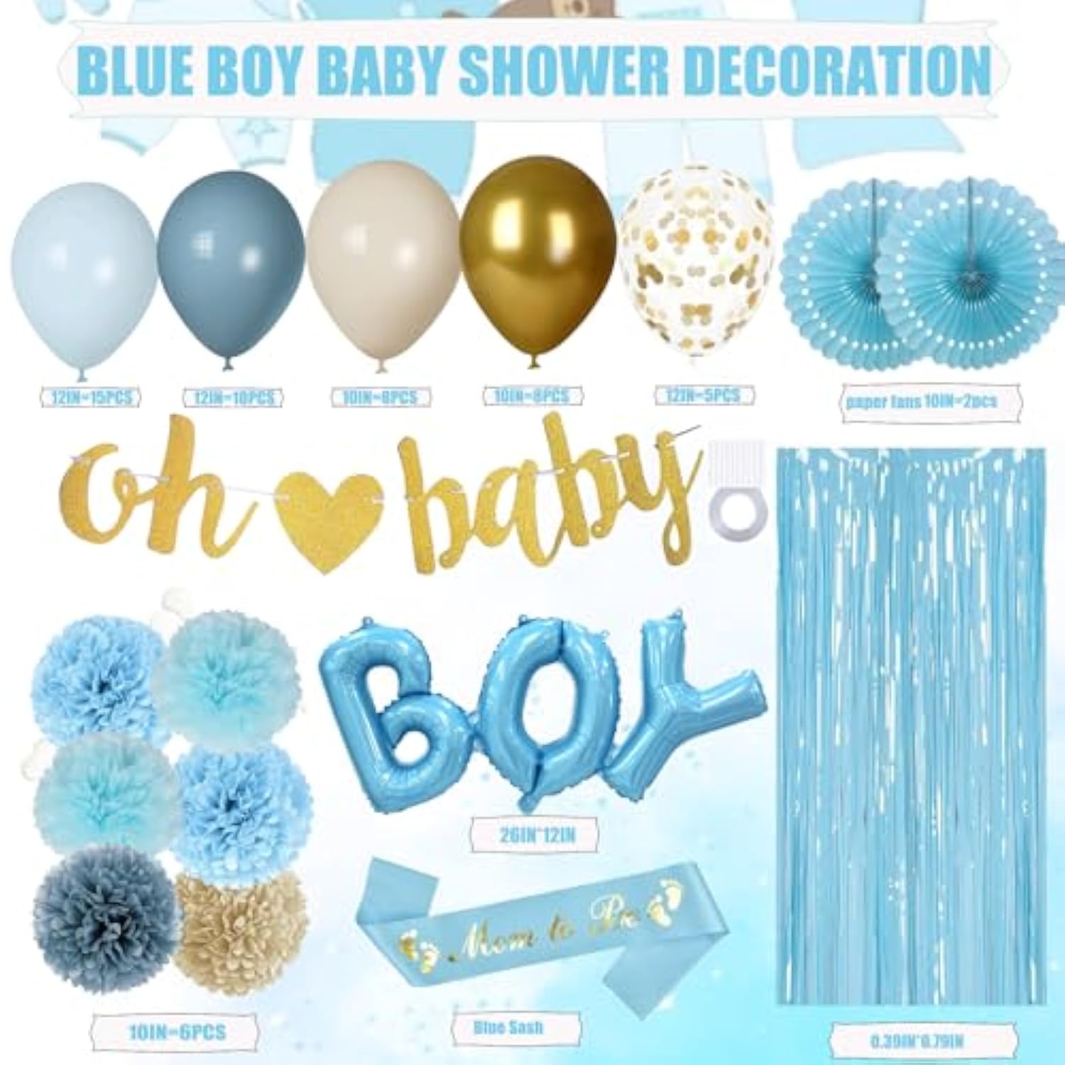 Baby Boy Shower Decorations - Dusty Blue Baby Shower Decorations - Welcome Baby Boy Decoration With Blue Balloons, Paper Pom Poms,Mom To Be Sash For Boys Baby Shower Decor Gender Reveal Party