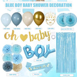 Baby Boy Shower Decorations - Dusty Blue Baby Shower Decorations - Welcome Baby Boy Decoration With Blue Balloons, Paper Pom Poms,Mom To Be Sash For Boys Baby Shower Decor Gender Reveal Party