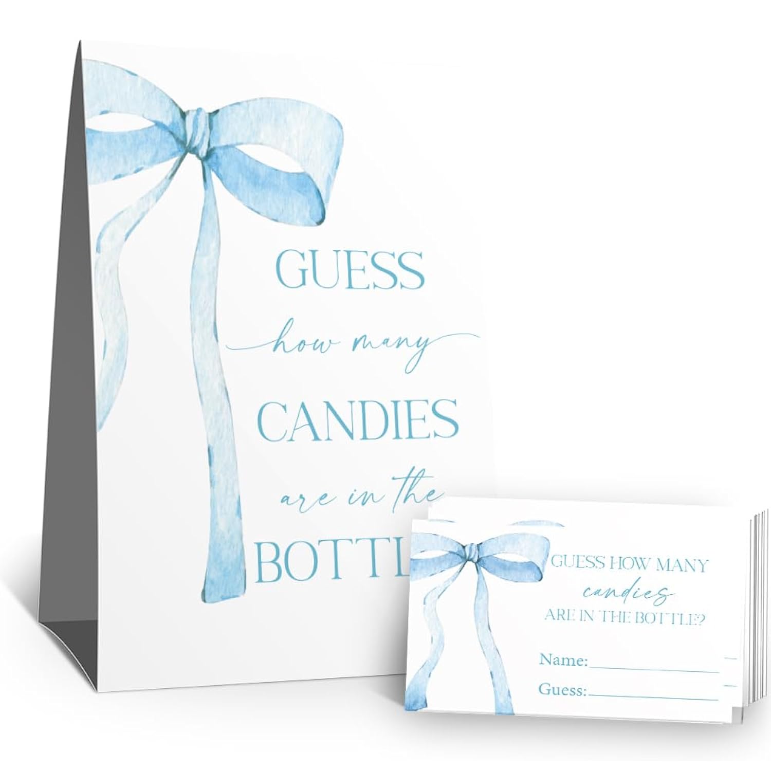 Guess How Many Candies Sign(1 Standing Sign-50 Guessing Cards) Blue Bow Theme Party Activities Game Cards Kit For Baby Showers, Newborn Parties, Bridal Shower, Engagement, Wedding Shower, Birthdays-38