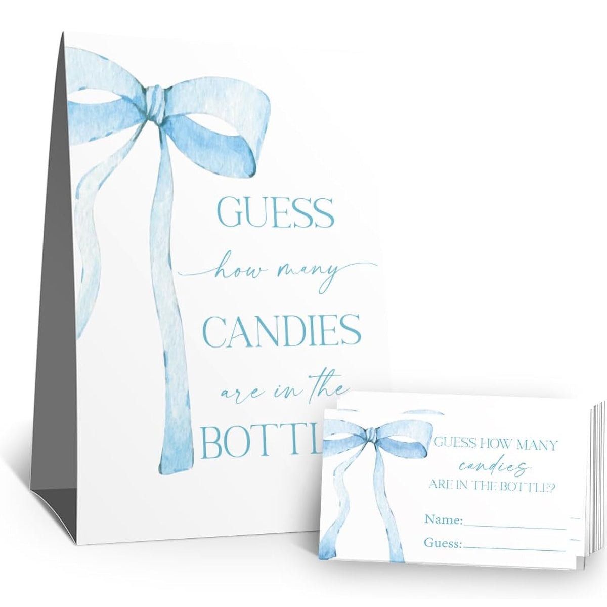 Guess How Many Candies Sign(1 Standing Sign-50 Guessing Cards) Blue Bow Theme Party Activities Game Cards Kit For Baby Showers, Newborn Parties, Bridal Shower, Engagement, Wedding Shower, Birthdays-38