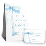 Guess How Many Candies Sign(1 Standing Sign-50 Guessing Cards) Blue Bow Theme Party Activities Game Cards Kit For Baby Showers, Newborn Parties, Bridal Shower, Engagement, Wedding Shower, Birthdays-38