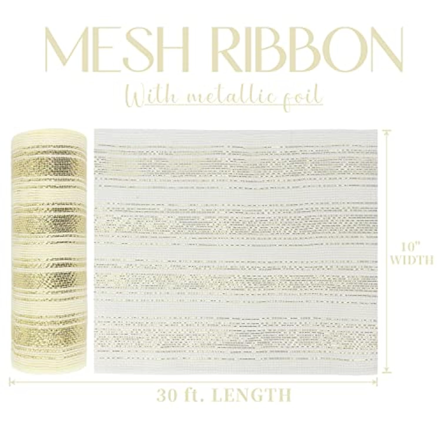 Christmas Mesh Ribbon For Wreath Gold And Ivory Ombré Deco Mesh 10 Inch Gold Metallic Mesh Crafts Deco Mesh Supplies For Xmas Tree Garland Staircase Swag Mailbox Centerpiece Making (30 Feet)