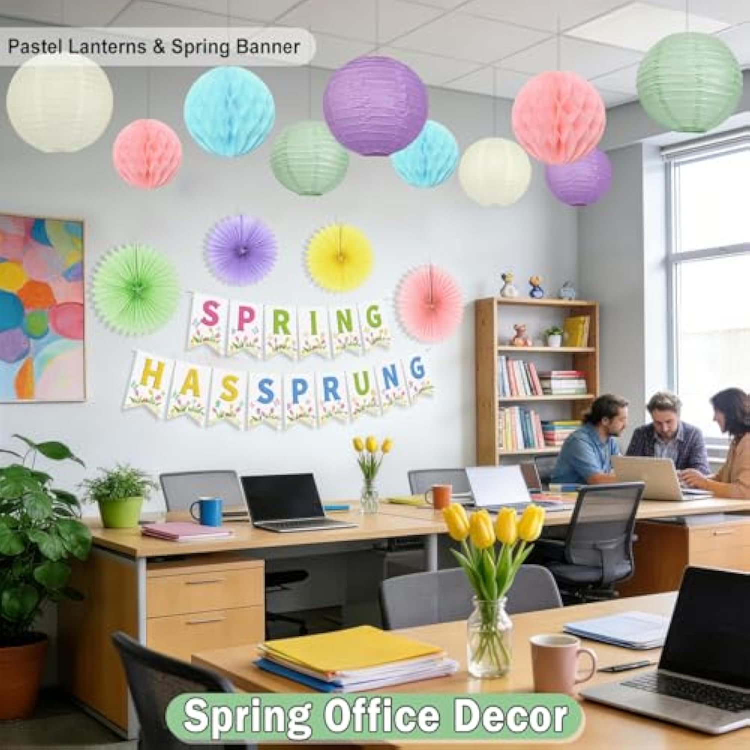 16 Pcs Spring Hanging Decorations With Spring Banner, Pastel Paper Fans, Lanterns & Honeycomb Balls – Spring Decorations For Office, Classroom, Baby Shower, Wedding & Easter Wall Decor