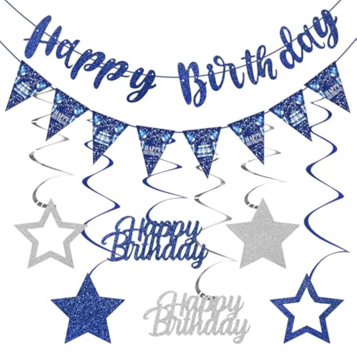 Blue Silver Birthday Décor Banner & Hanging Swirls for Parties