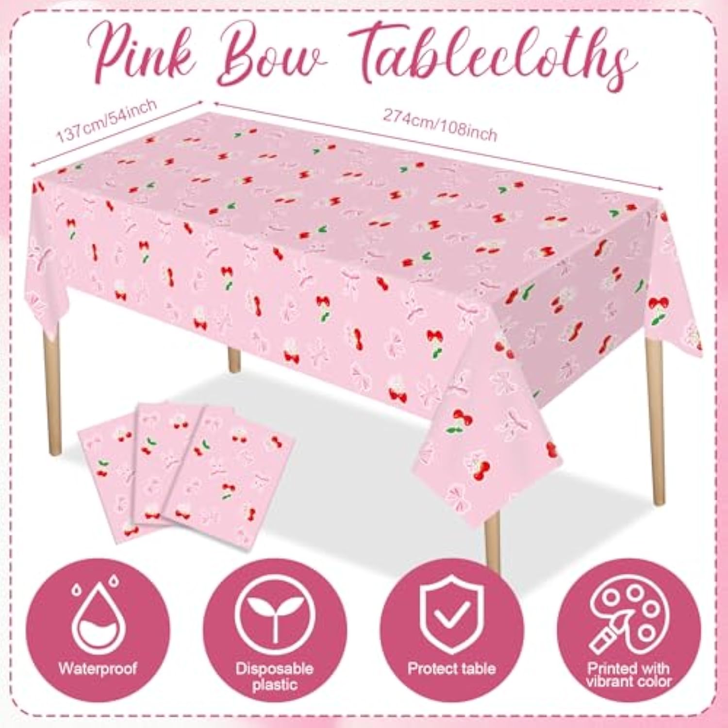3 Pcs Cherry Bow Table Cloth Red Cherries Table Cover Pink Bow Tablecloth Disposable Plastic She'S The Cherry On Top Tablecover For Bachelorette Baby Shower Bridal Birthday Party Decor Supplies