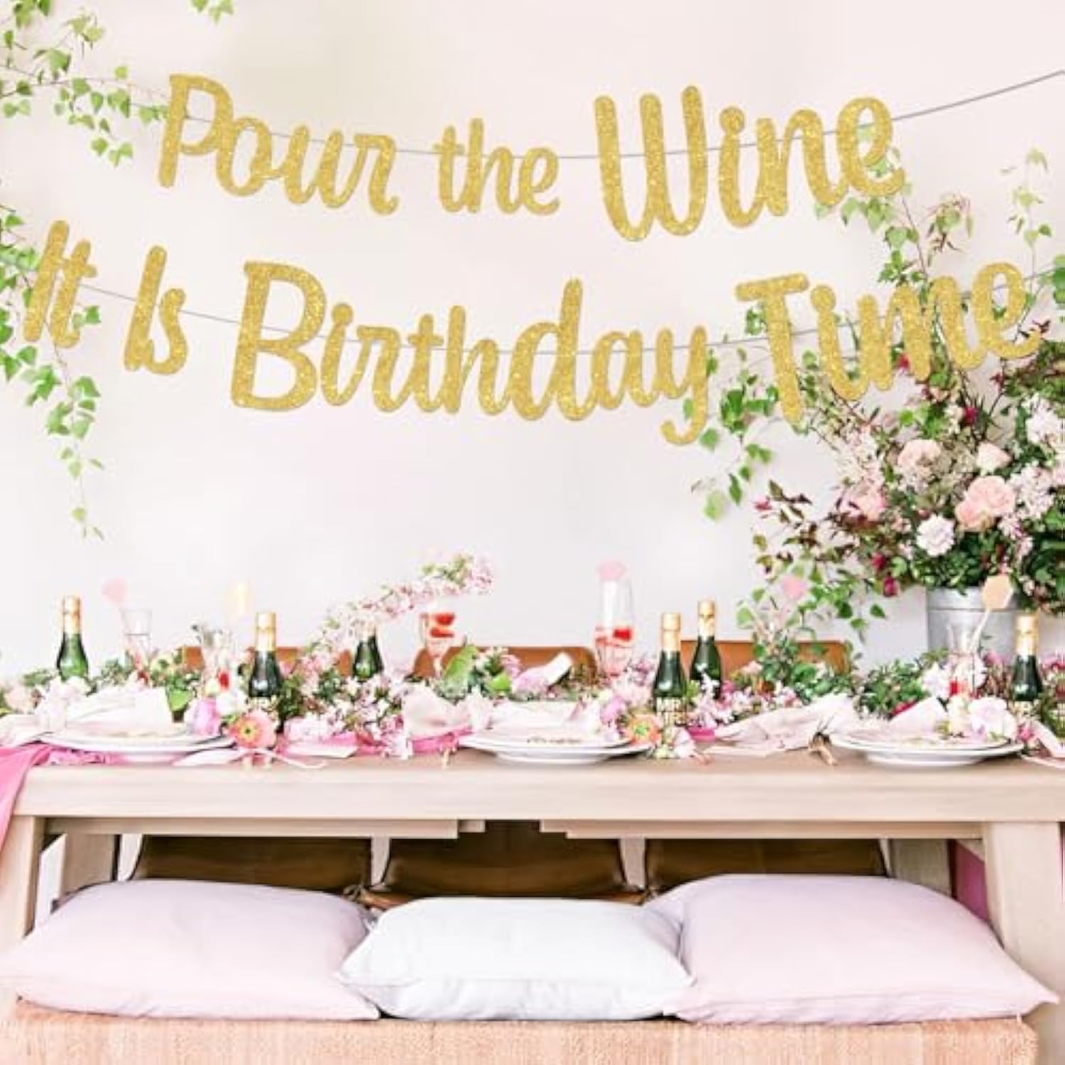 Pour The Wine It Is Birthday Time Banner - Gold Glitter Party Decorations, Funny Sign, Happy Bunting Backdrops For Adult 21St 25Th 30Th Celebration Decor Supplies