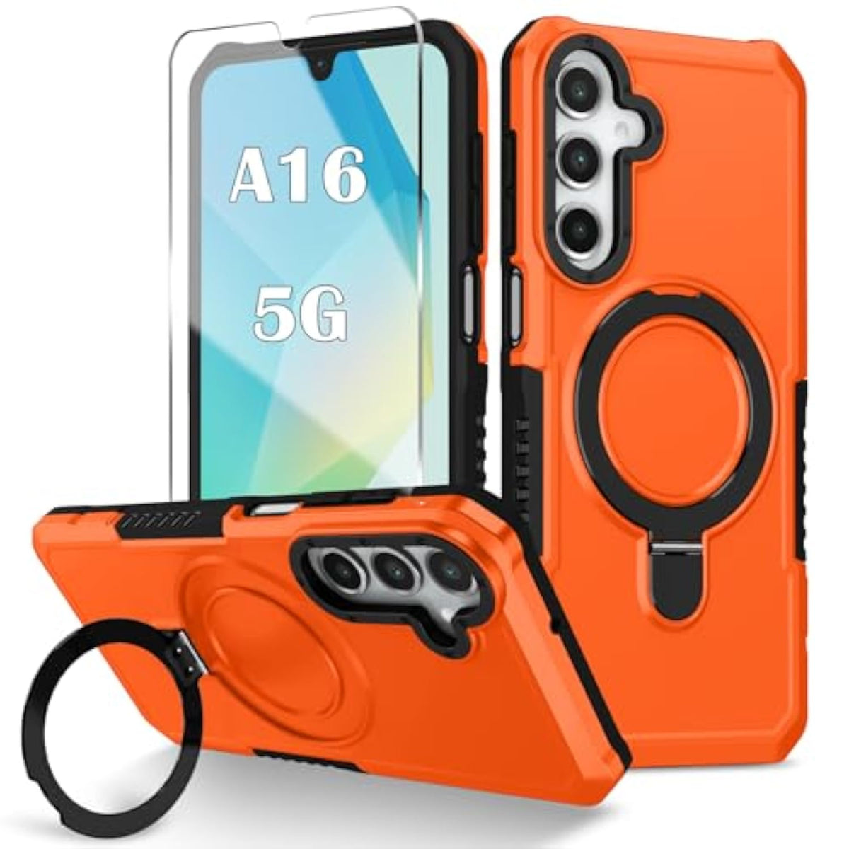 For Samsung Galaxy A16 5G Phone Case 2024 With Screen Protector, 360 Rotating Stand Heavy Protection Cover For Galaxy A 16 Phone, Orange