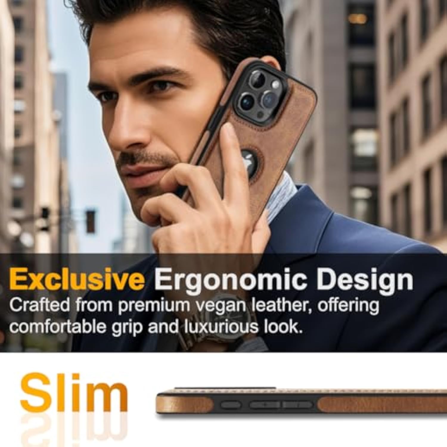 Unique Design Luxury Leather Business Phone Case For Iphone 16 Pro Anti-Slip Scratch Resistant Ultra Slim Protective Case (2024,6.3”) (Brown)