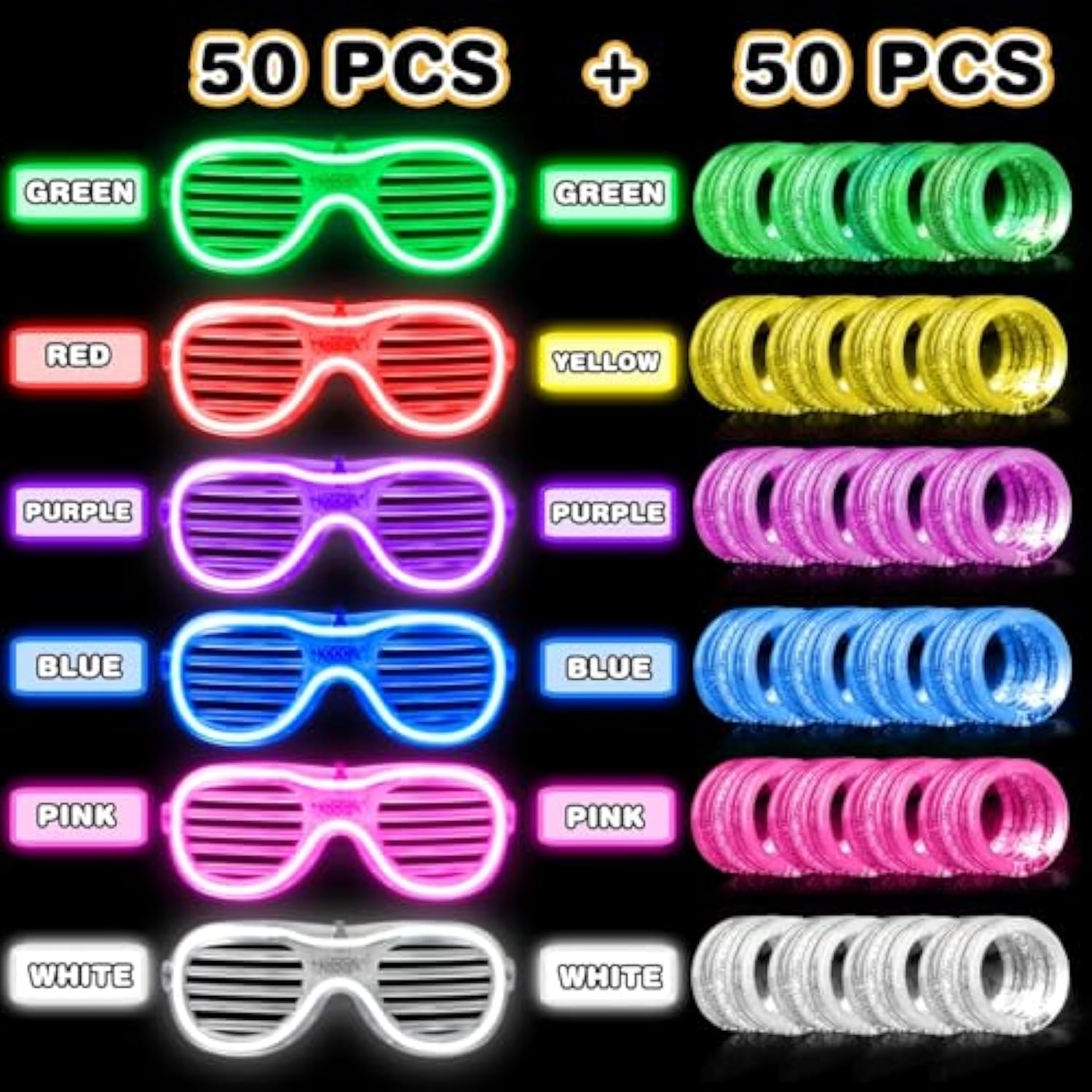 100pcs Light Up Glasses & LED Bracelets 6 Colors 3 Modes Glow Party Favors