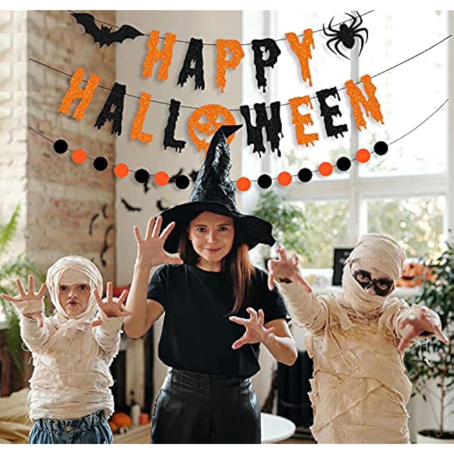 Glitter Happy Halloween Banner with Circle Dot Garland Black Orange Bat Spider Party Decor