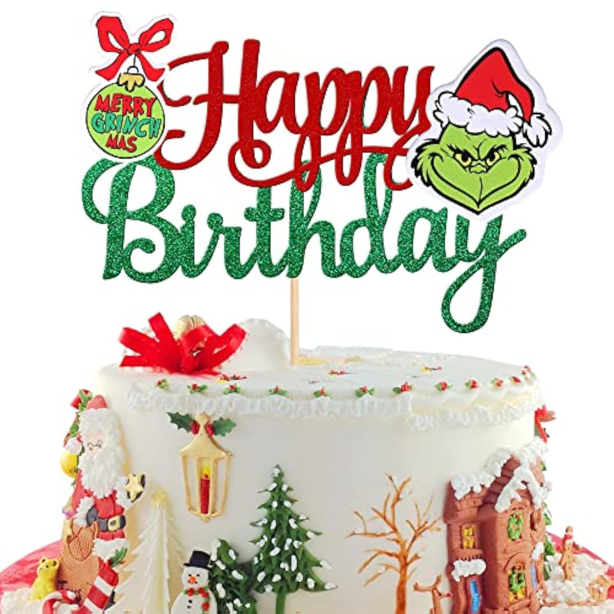 1 Pcs Glitter Green Monster Happy Birthday Cake Topper Assembled Merry Christmas Cake Pick For Christmas Theme Baby Shower Kids Birthday Party Cake Decorations Supplies