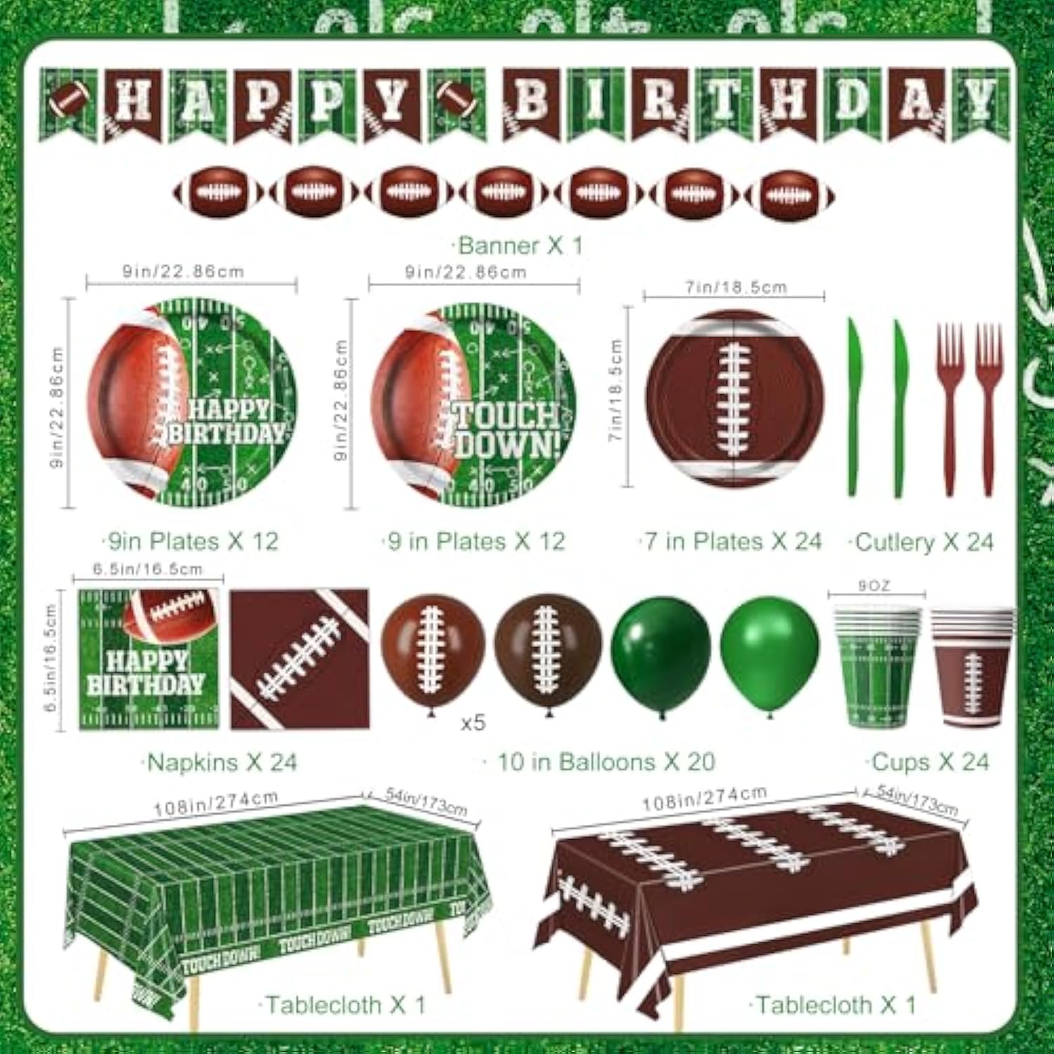 Football Birthday Party Decorations Includes Plates, Napkins, Cups, Banner, Balloons, Touchdown Tablecloth For Football Birthday & Tailgate Party Decorations, Serve 24