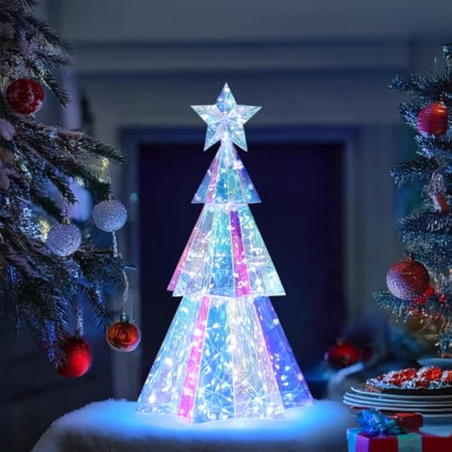 Holographic Christmas Tree, 15 Inch Desktop Decoration Tree With Led Lights, Prismatic Iridescent Christmas Tree Gift For Kids Girls Families Office Indoor Decorations