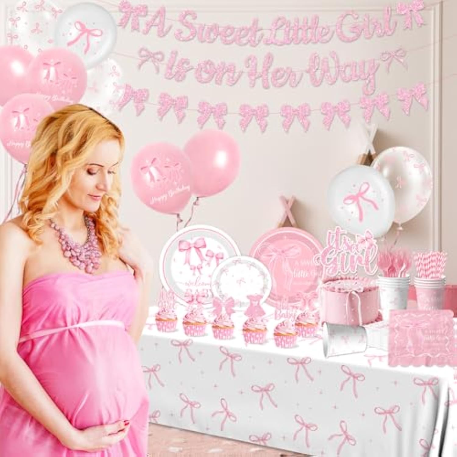 Pink Bow Baby Shower Decorations For Girl,Pink Bow Birthday Party Supplies Include Bow Plate,Napkin,Banner,Cake Topper,Balloons Welcome Baby Girl Decorations For Coquette Bow Party Serves 25