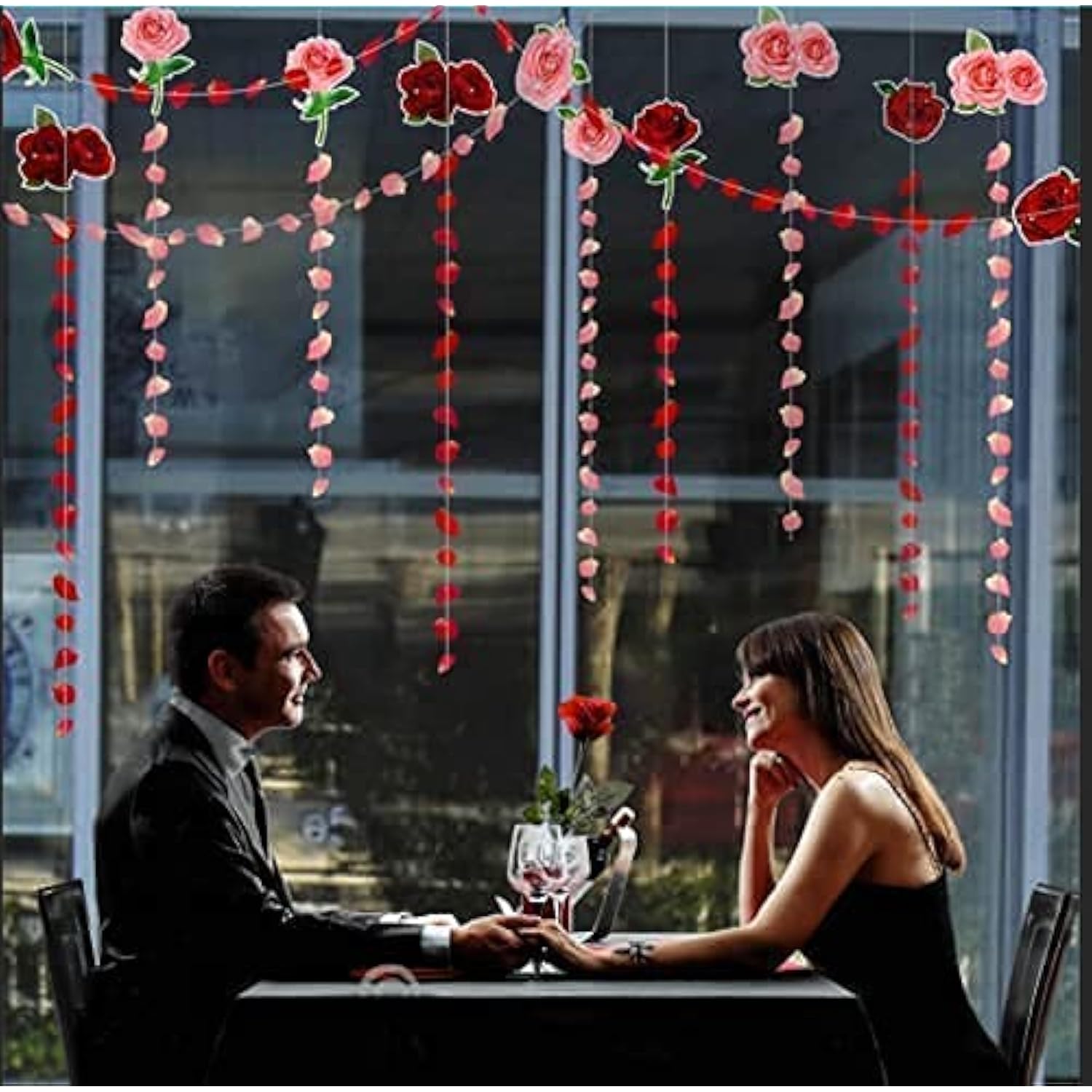 Red Pink Rose Garland Flower Roses Petal Streamer Paper Love Banner For Floral Romantic Wedding Engagement Anniversary Bridal Shower Birthday Hanging Valentines Day Party Decorations 12Pcs
