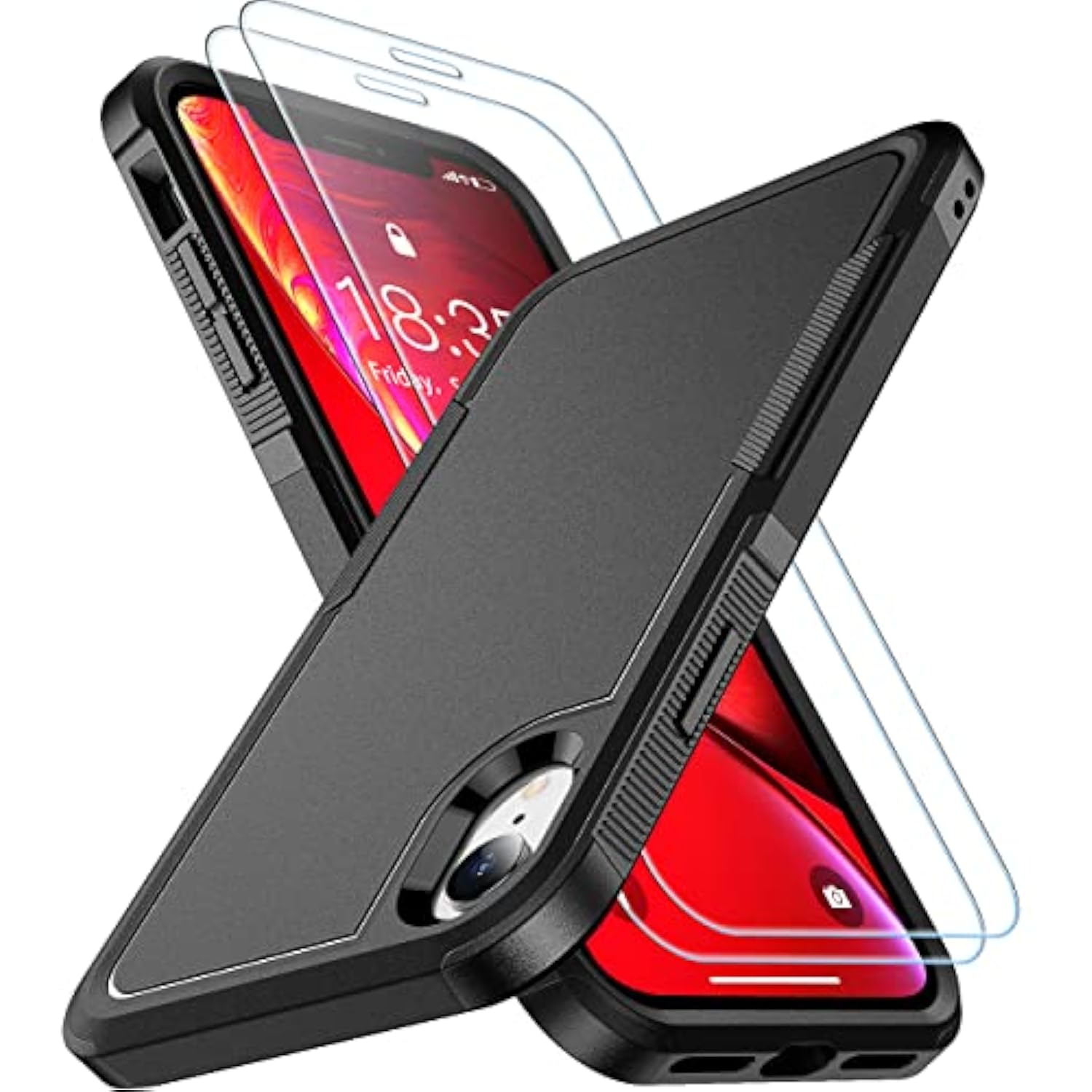 For Iphone Xr Case, [10 Ft Grade Drop Protection] [Non-Slip] [2 Pcs Tempered Glass Screen Protector] Shockproof Airbag Cushion Protective Case For Iphone Xr 6.1” (Black)