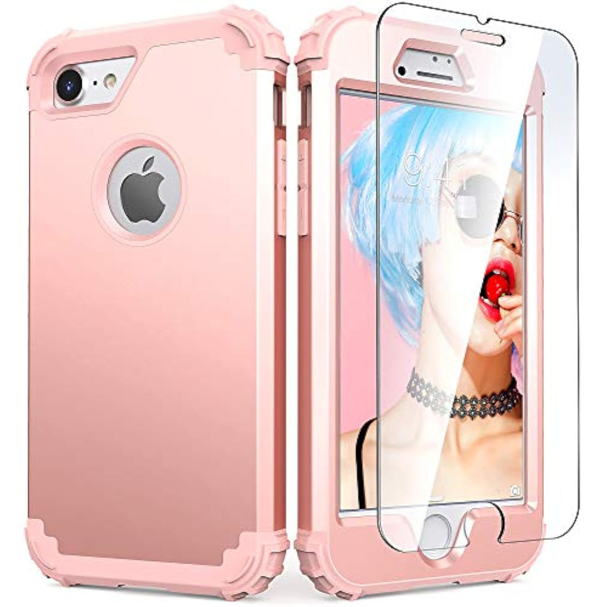 For 8 Case With Tempered Glass Screen Protector, For 7 Case, 3 In 1 Shockproof Slim Hybrid Heavy Duty Hard Pc Cover Soft Silicone Bumper Full Body Case, Rose Gold