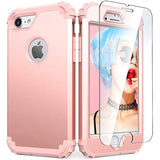 For 8 Case With Tempered Glass Screen Protector, For 7 Case, 3 In 1 Shockproof Slim Hybrid Heavy Duty Hard Pc Cover Soft Silicone Bumper Full Body Case, Rose Gold
