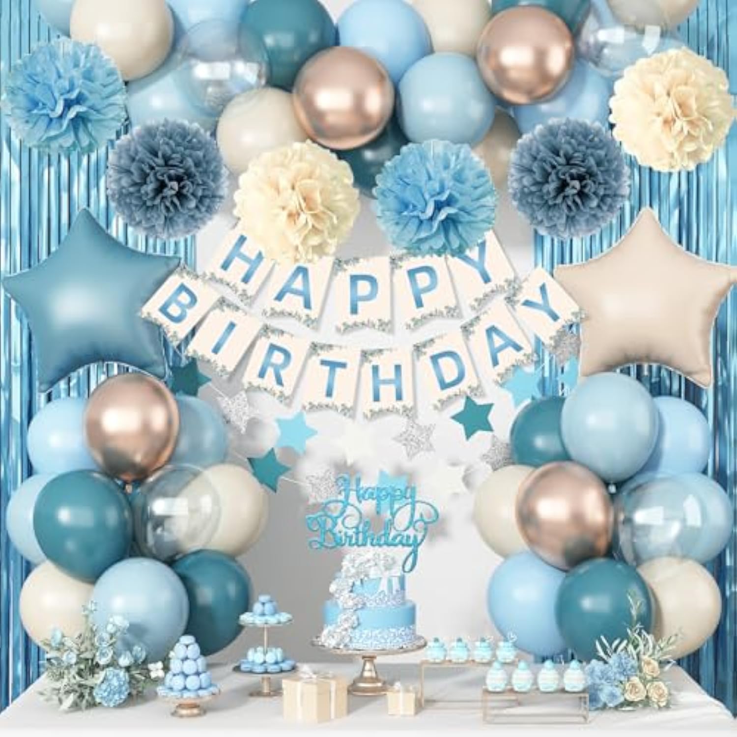 Blue Birthday Decorations, Retro Dusty Blue Sand White Gold Party Balloon Kit With Happy Birthday Banner Fringe Curtain Background Pom Poms Cake Topper For Baby Boys Girl Women Men Bday Decor Supplies