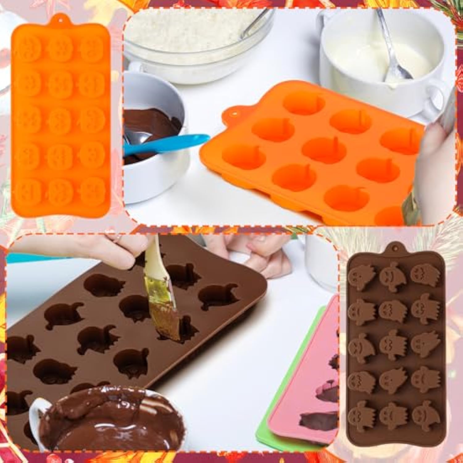 6 Pcs Seasonal Silicone Chocolate Molds Fall Halloween Christmas Pumpkin Ghost Maple Leaves Candy Chocolate Mold Silicone Molds For Candy Jelly Wax Melt Ice Cubes Cake Decorations