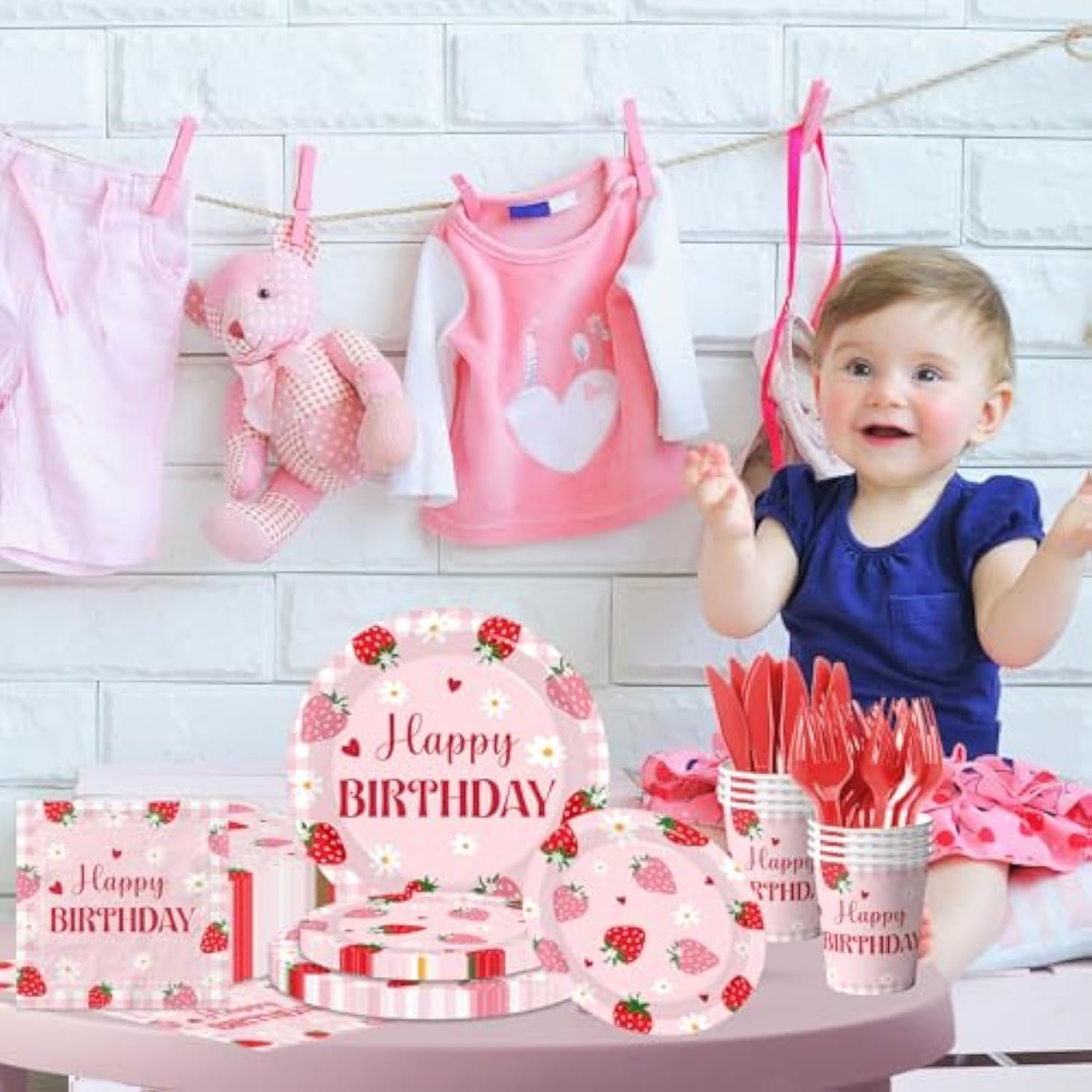 Strawberry Birthday Decorations For Girls, Berry First Birthday Plates And Napkins With Cups Forks And Knives Berry First Birthdays Decor Strawberry Party Decorations For Fruit Theme Party, Serve 24