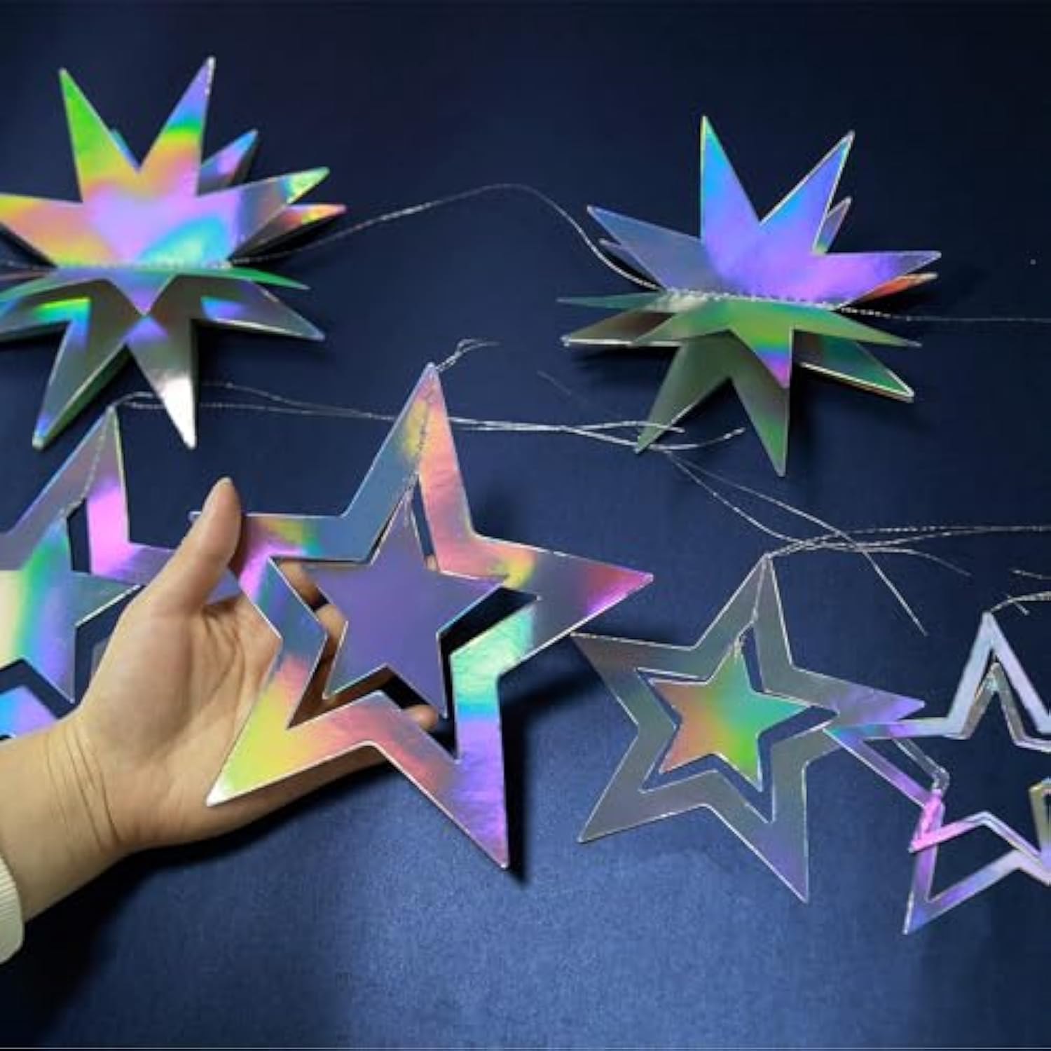 Iridescent Star Garland Decorations Holographic Hanging Star Party Decoration Galaxy Birthday Decor Ramadan Eid Twinkle Star Banner Backrop Alien Space Celestial Theme Party Supplies