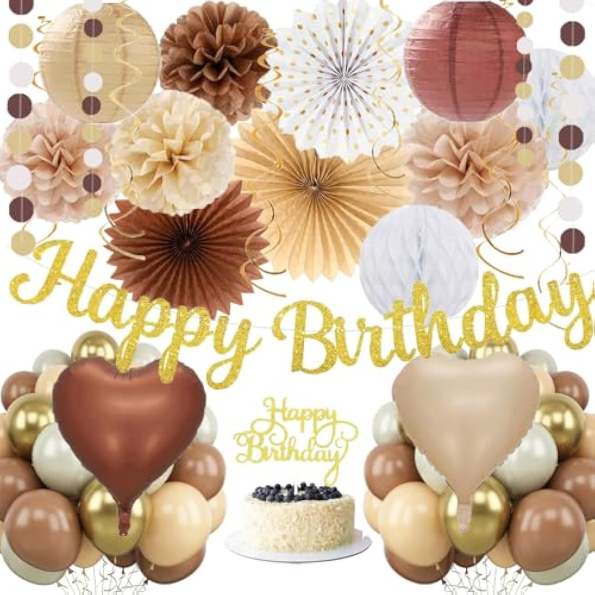 62pcs Boho Brown White Birthday Decorations with Banner Lanterns & Pom Poms