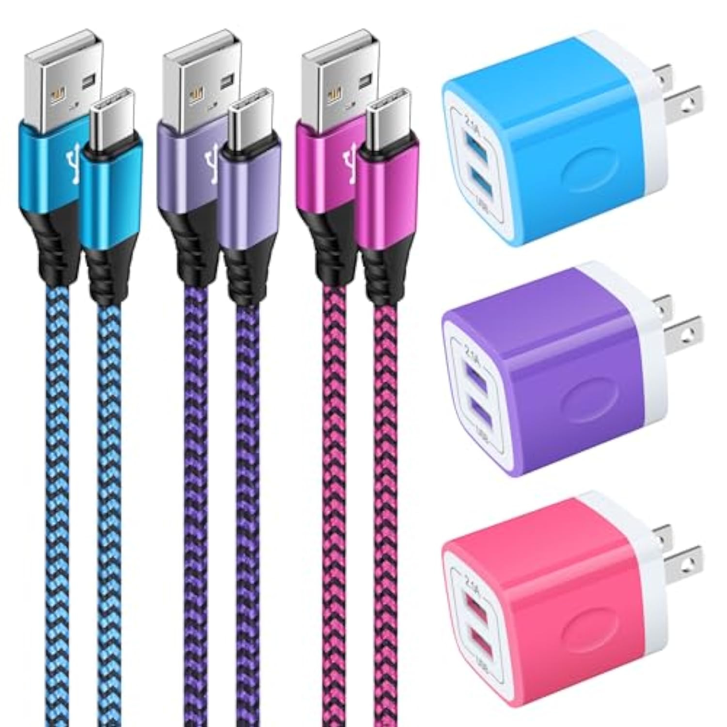 Usb Wall Charger Block Fast Charging Brick For Samsung Galaxy S24 S23 Fe S22 S21 S20 A15 Z Fold/Flip 6,Moto Razr/Edge 2024,Google Pixel 9 Pro Xl 8A,3Pack 2.1A Dual Charger Plug+3Pack 6Ft Type C Cable