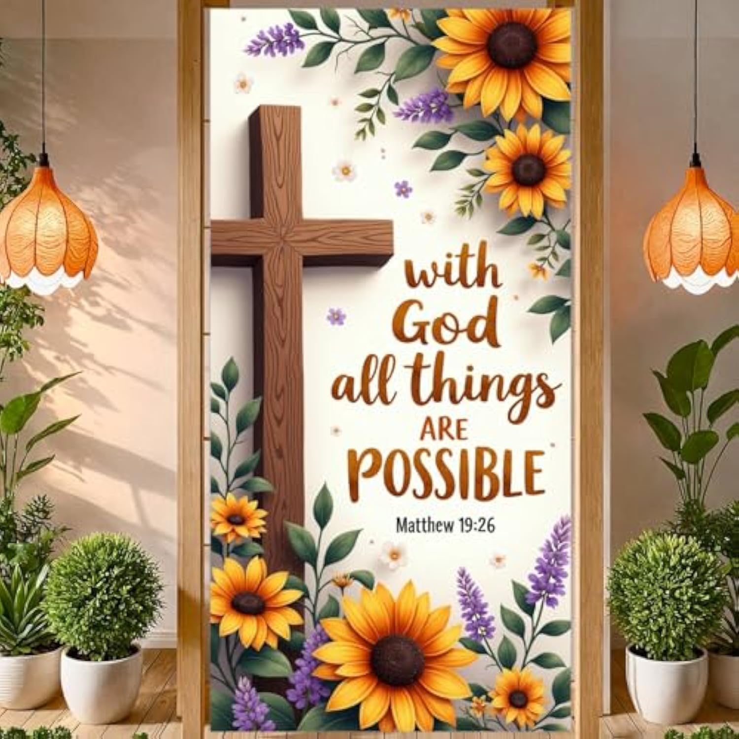 Spring Door Cover Banner Sunflower Door Cover With God All Things Are Possible Backdrop Welcome Spring Summer Front Door Banner Nativity Christian Hanging Banner For Home Door Thanksgiving Day Christmas