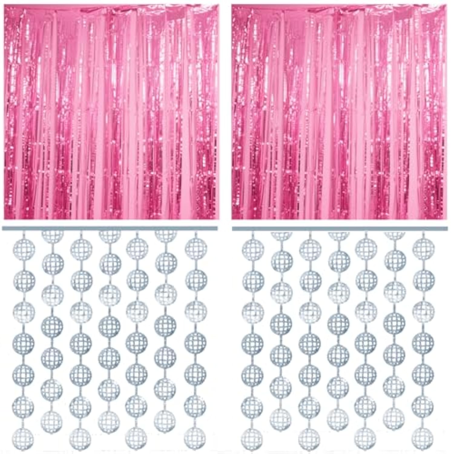 4 Pcs Disco Party Decorations - 2 X Disco Ball Silver Metallic Tinsel Fringe Curtains & 2 X Candy Pink Backdrops For Birthday Supplies Last Rodeo Bachelorette Wedding Disco Decor