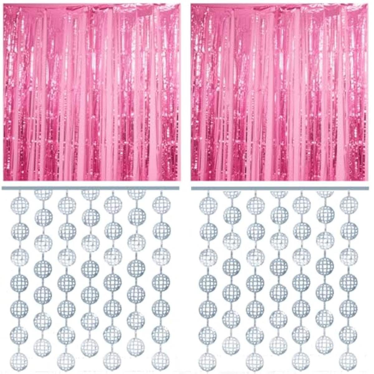 4 Pcs Disco Party Decorations - 2 X Disco Ball Silver Metallic Tinsel Fringe Curtains & 2 X Candy Pink Backdrops For Birthday Supplies Last Rodeo Bachelorette Wedding Disco Decor