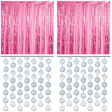 4 Pcs Disco Party Decorations - 2 X Disco Ball Silver Metallic Tinsel Fringe Curtains & 2 X Candy Pink Backdrops For Birthday Supplies Last Rodeo Bachelorette Wedding Disco Decor
