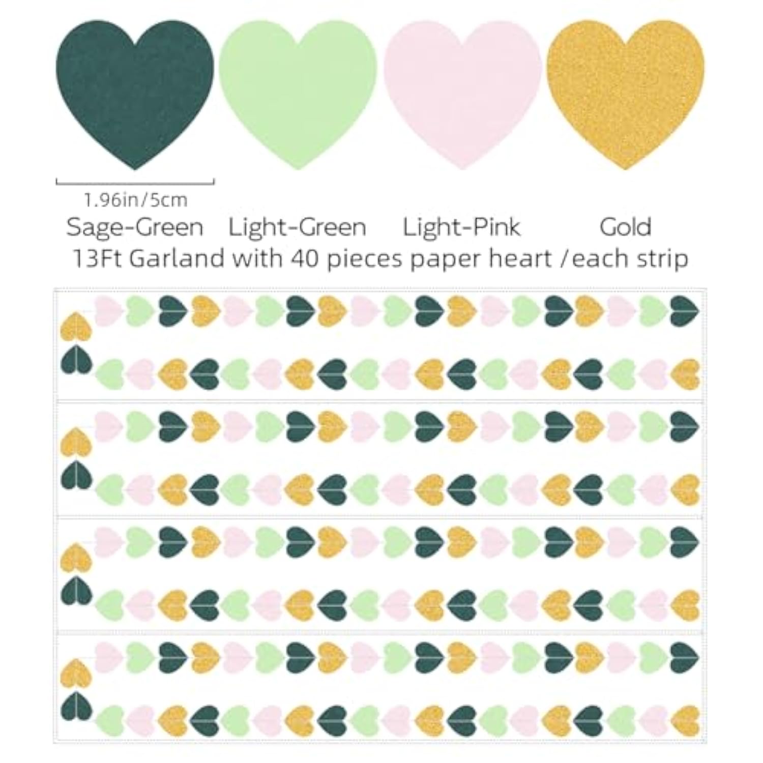 Sage-Green Pink Gold Party-Decorations - Paper Heart Garland Streamers Woodland Theme Baby Shower Bridal Shower Birthday Decoration Wedding Bachelorette Engagement Hanging Decor