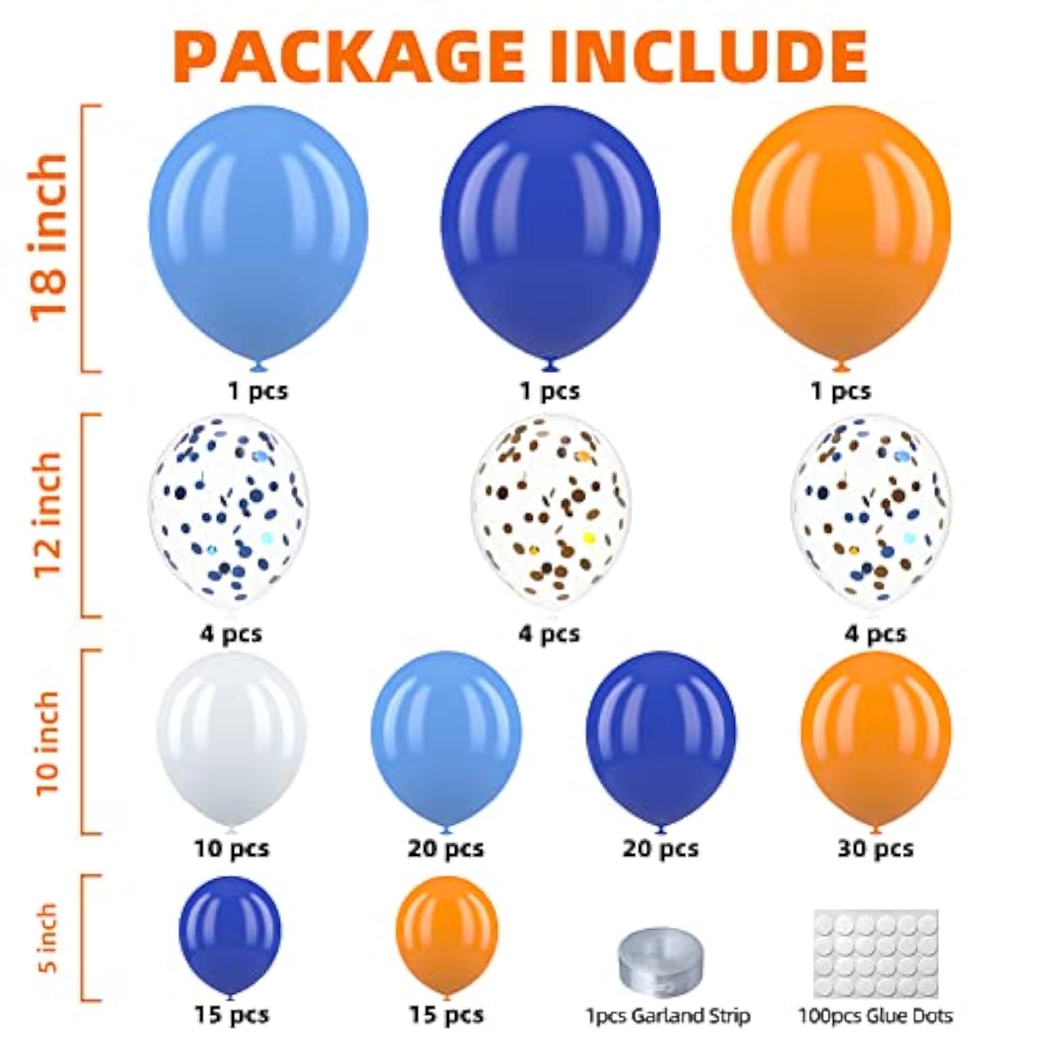 127pcs Blue Orange Balloon Garland Kit Arch with Confetti for Birthday Baby Shower Decor