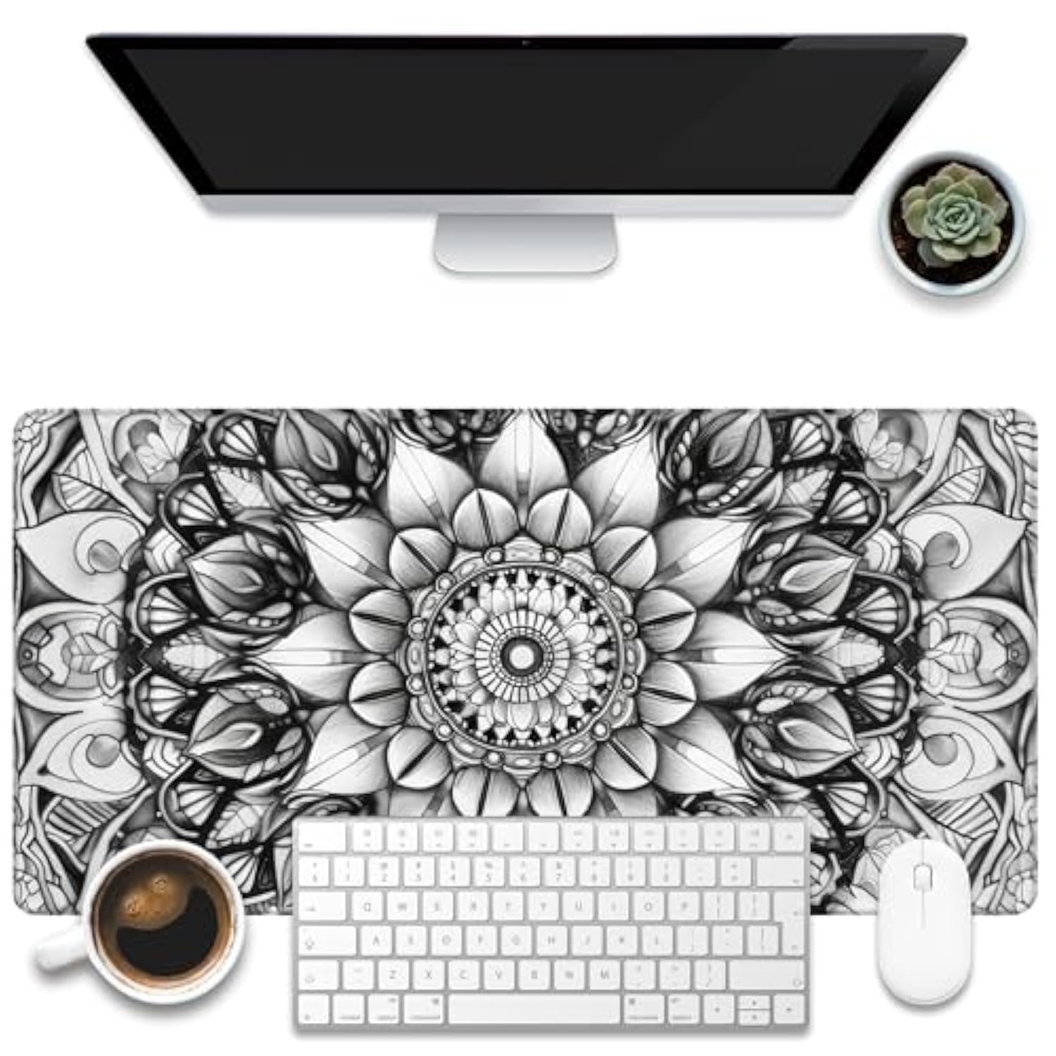 Large Gaming Mouse Pad For Desk, Black And White Mandala Desk Mat, Mandala Flower Desk Pad, 31.5"X15.7" Extended Big Computer Keyboard Mouse Pad With Non-Slip Base And Stitched Edge