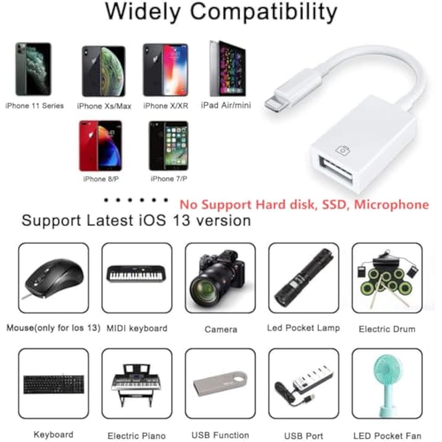 Apple Mfi Certified Lightning To Usb Camera Adapter For Iphone Ipad Female Usb 3.0 Otg Cable Adapter Support Connect Camera, Flash Drive, Card Reader, Midi Keyboard, Mouse