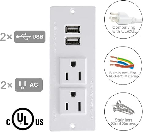 Recessed Power Strip with 2 Outlets and 2 USB Ports for Desk Table Furniture