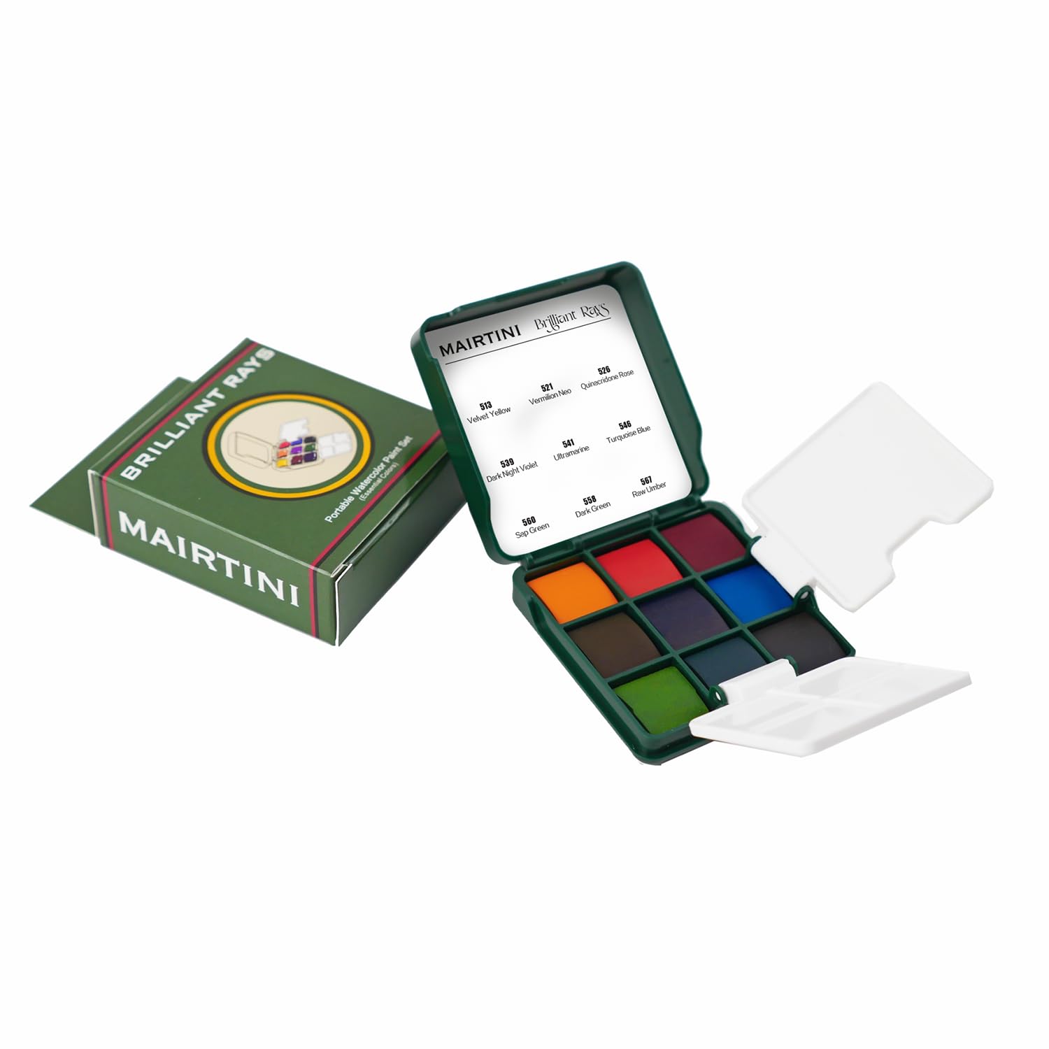 Mairtini Academy Grade Brilliant Series Solid Half-Pan Portable Travel Watercolor Set, 9 Colors, Green