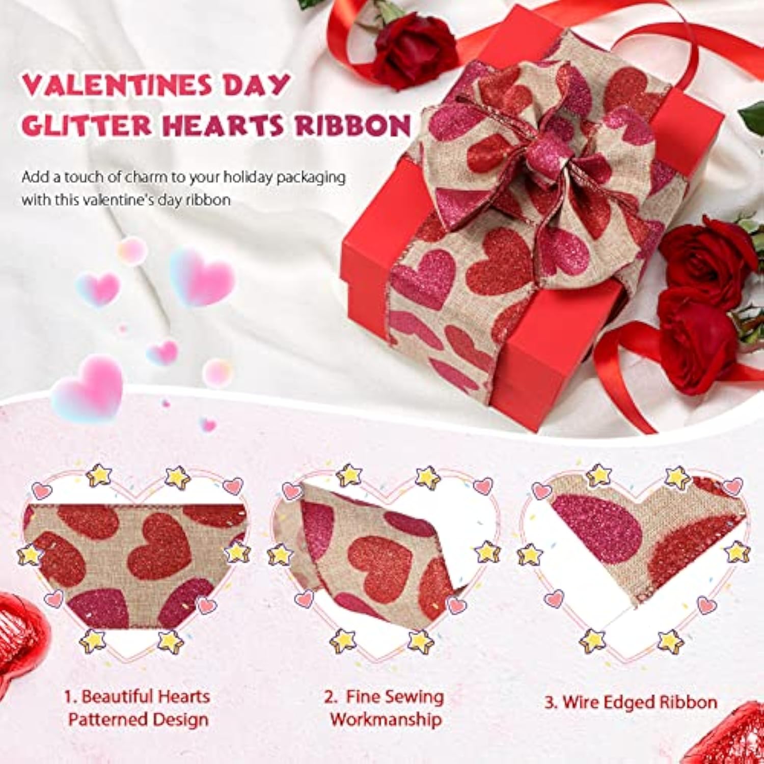 2 Roll 20 Yards Glitter Hearts Wired Edge Burlap Ribbon Valentine Ribb