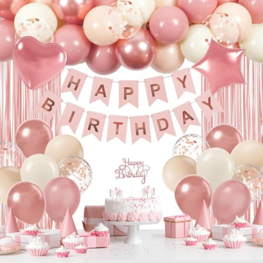 Metallic Rose Gold Dusty Pink Balloons, Happy Birthday Banner, Pink Fringe Curtains For Women'S Birthday Decorations