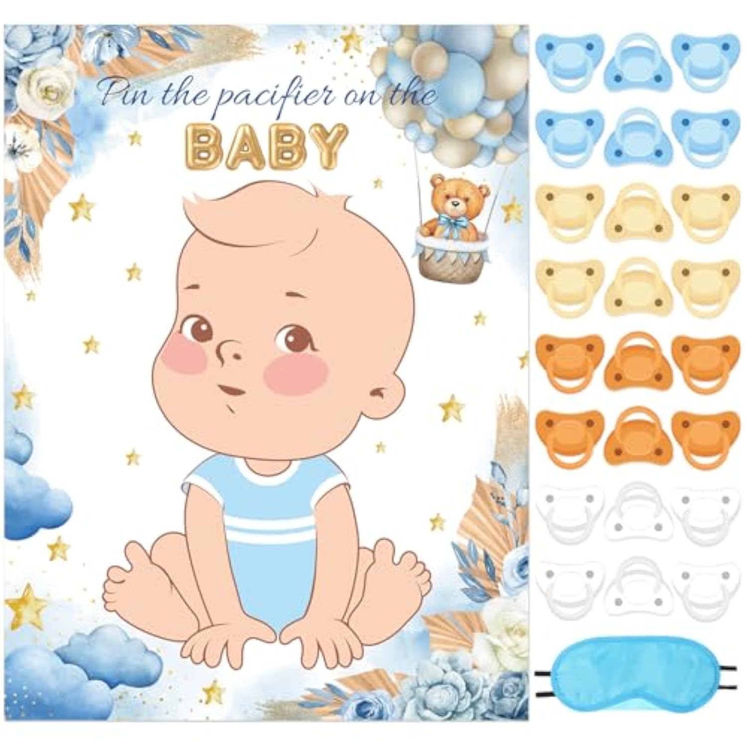 Pin The Pacifier Baby Shower Games Bear Baby Shower Decorations Include Large Poster 24 Stickers Blindfold Pin The Pacifier Game For Blue Bear Birthday Party Decorations Activities Supplies