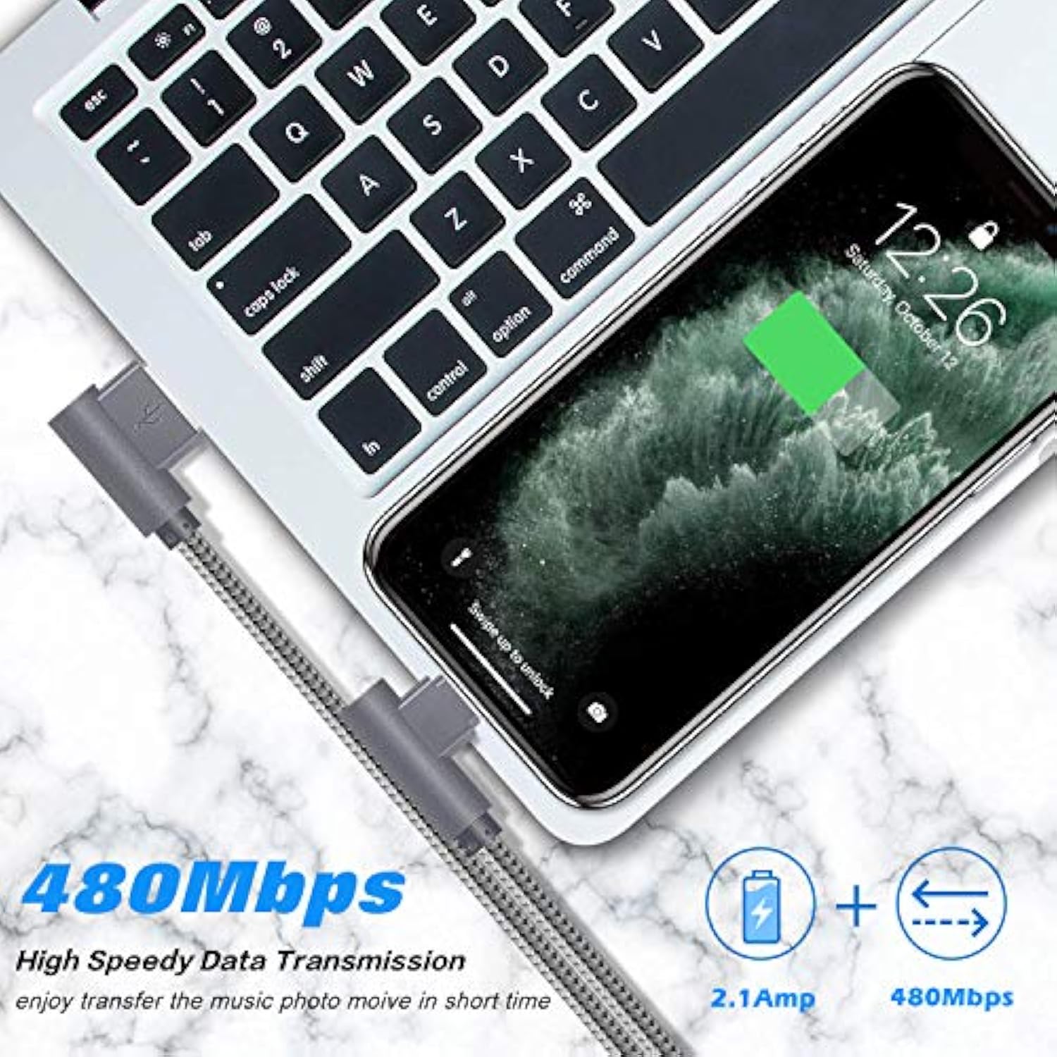 Mfi Certified Lightning Iphone Charger Cord 90 Degree Fast Data Cable Nylon Braided Compatible With Iphone Xs Max/Xs/Xr/7/7Plus/X/8/8Plus/6S/6S Plus/Se (Gray, 10Ft)