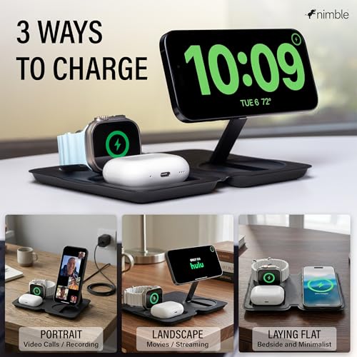 Fold 3-in-1 Wireless Charging Station for iPhone & AirPods, MagSafe Compatible 15W Qi2 Charging Stand, Wireless Charger Dock for iPhone
