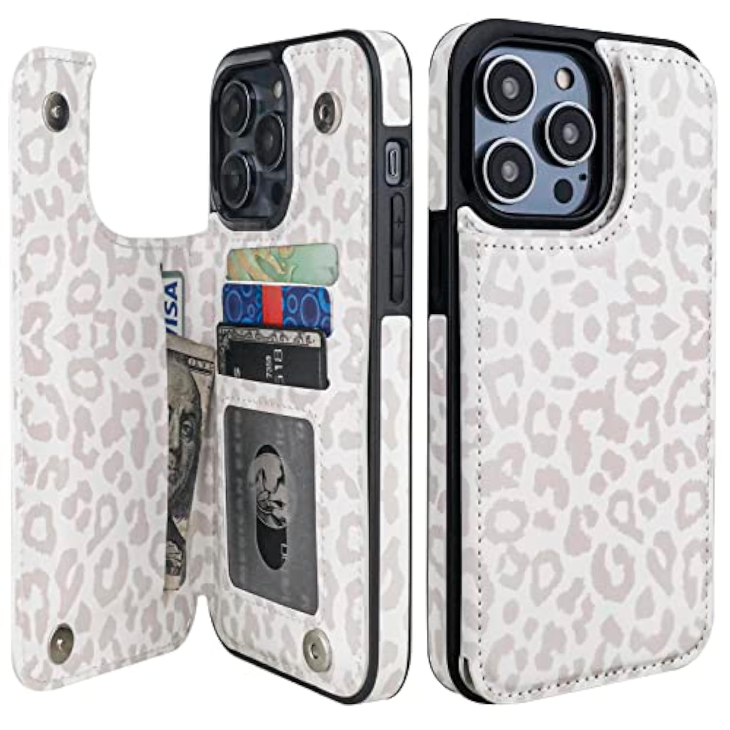 For 14 Pro Max Wallet Case With Card Holder, White Leopard Cheetah Pattern Back Flip Folio Pu Leather Kickstand Card Slots Case For Women Girls, Double Magnetic Clasp Shockproof 6.7"