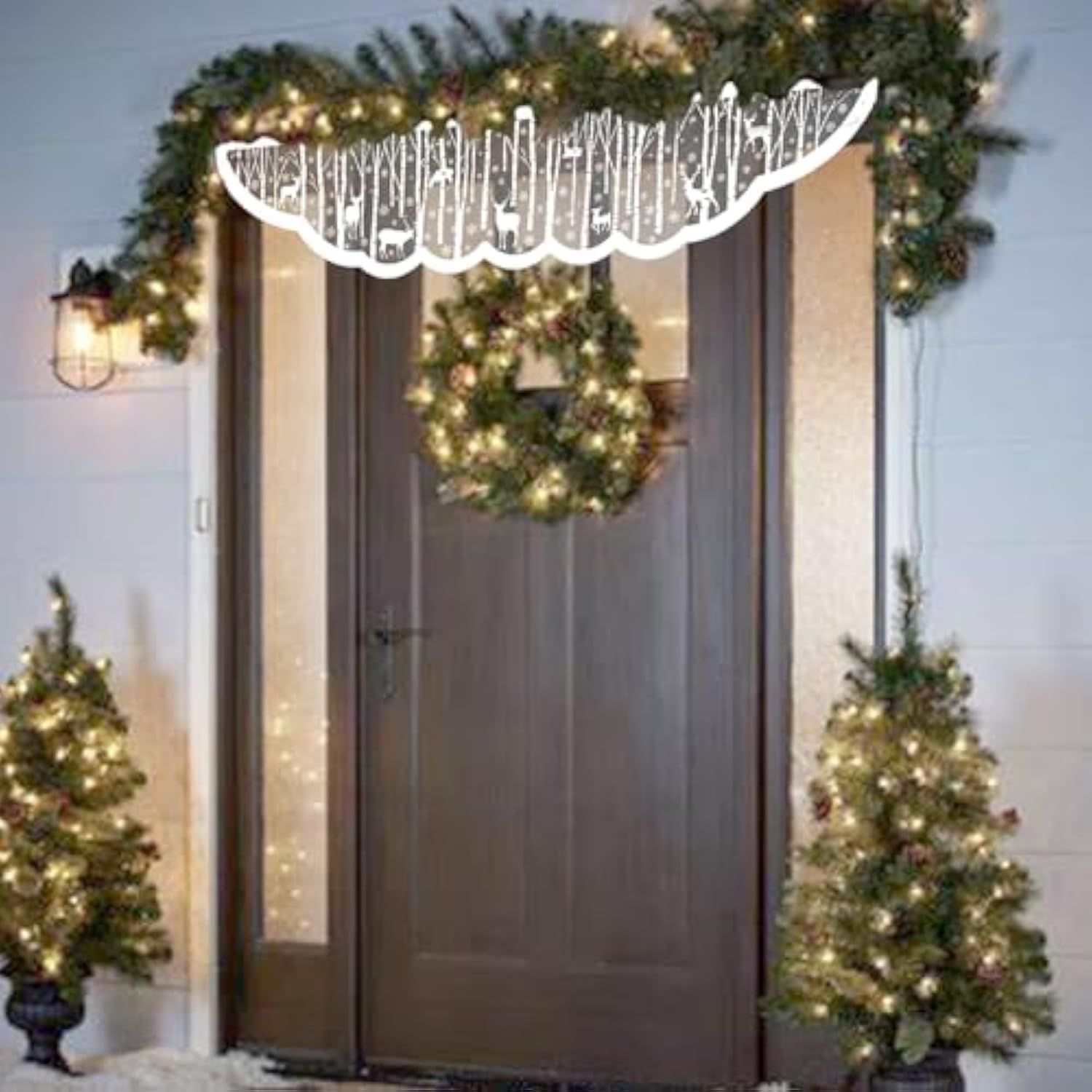 White Christmas Fireplace Mantel Cover – Lace Reindeer Snowflake Mantle Scarf Garland Runner Decor - Xmas Fireplace Decorations For Living Room – Winter Holiday Birch Tree Snow Woodland Mantel Scarf