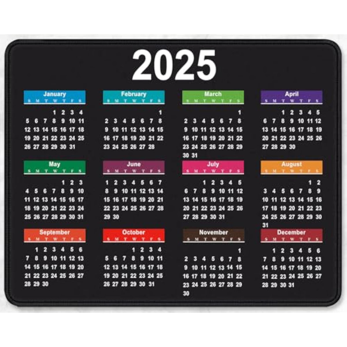 2025 Calendar Rectangular Stitched Edge Office Computer Mouse Pad, Anti Slip Rubber Desktop Gaming Mouse Pad (Black Calendar)